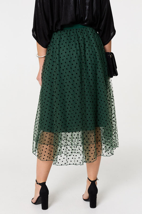 Green | Polka Dot Layered Mesh Midi Skirt