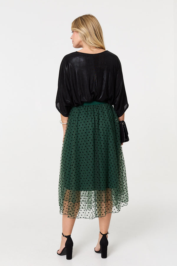 Green | Polka Dot Layered Mesh Midi Skirt