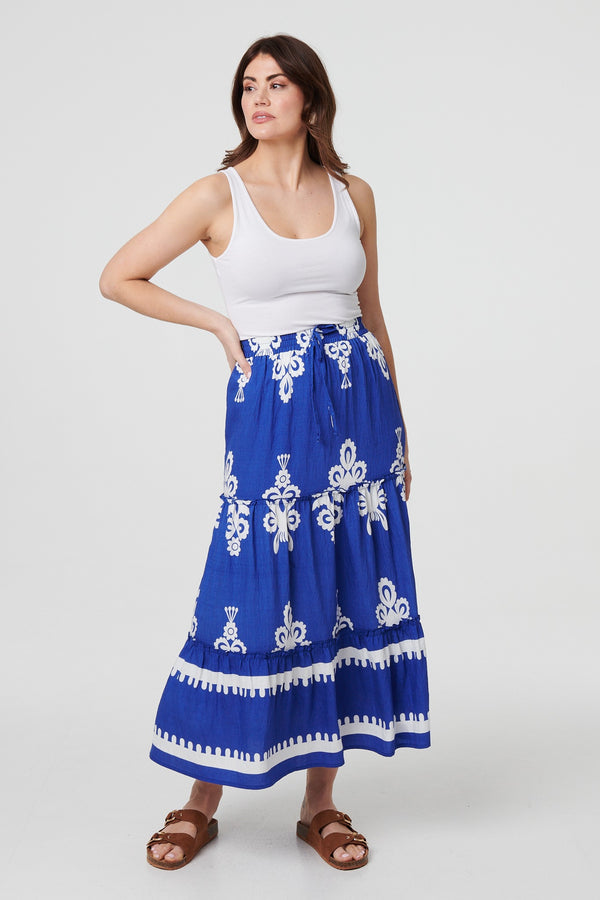 Blue | Ikat Print Tiered High Waist Midi Skirt