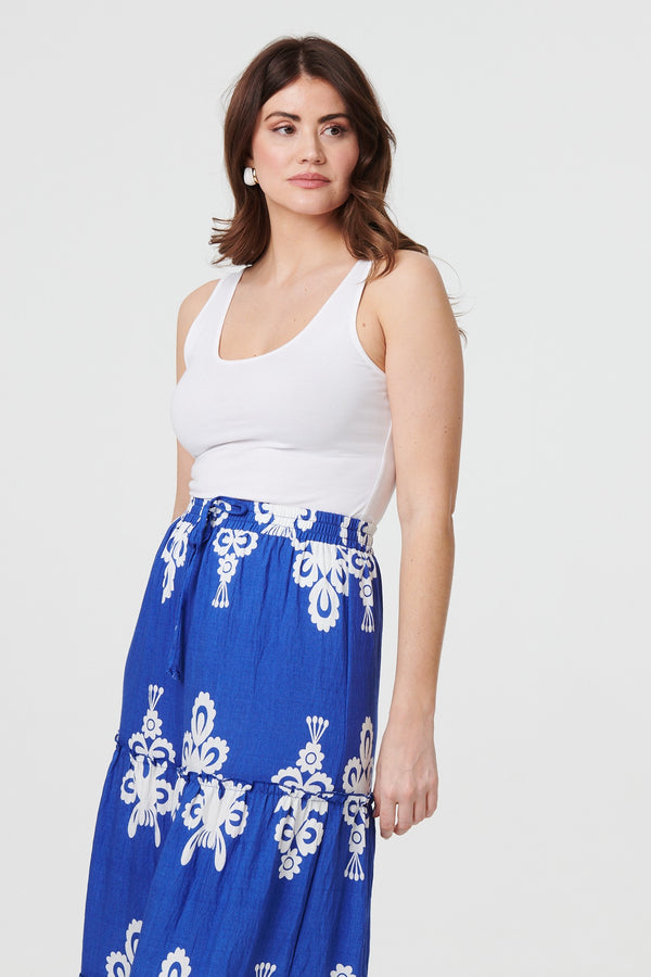 Blue | Ikat Print Tiered High Waist Midi Skirt