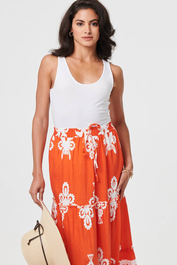 Orange | Ikat Print Tiered High Waist Midi Skirt