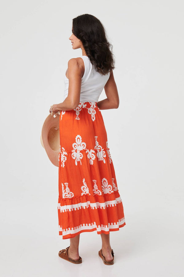 Orange | Ikat Print Tiered High Waist Midi Skirt
