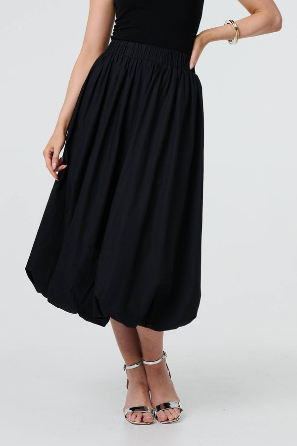 Black | High Waist Elasticated Midi Bubble Skirt