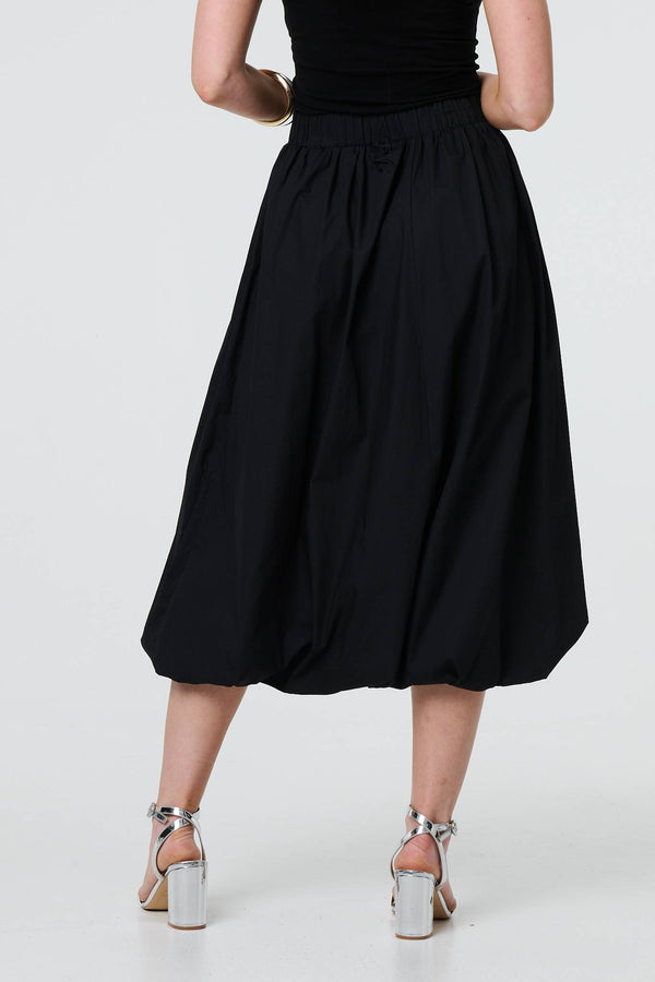 Black | High Waist Elasticated Midi Bubble Skirt
