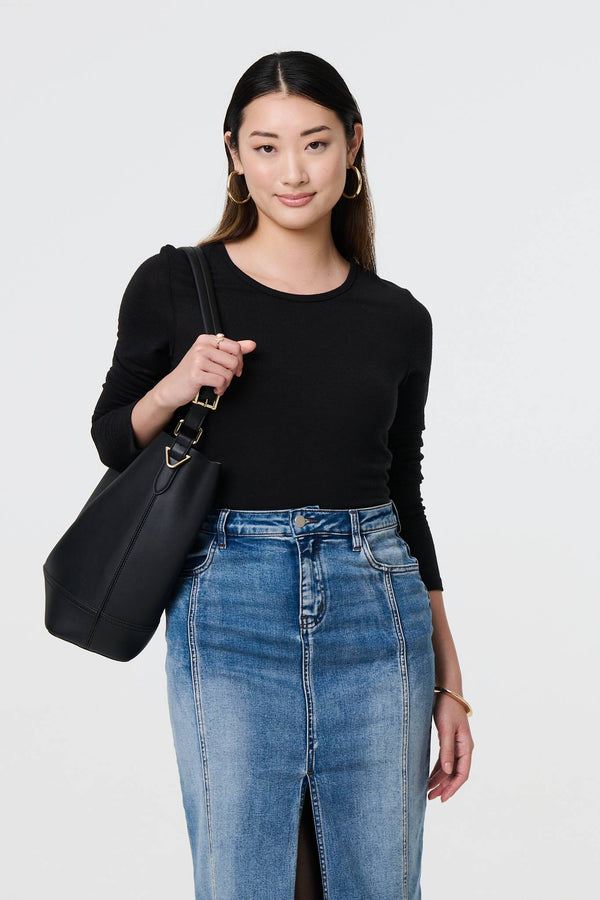 Blue | Washed Denim Split Hem Knee Length Skirt