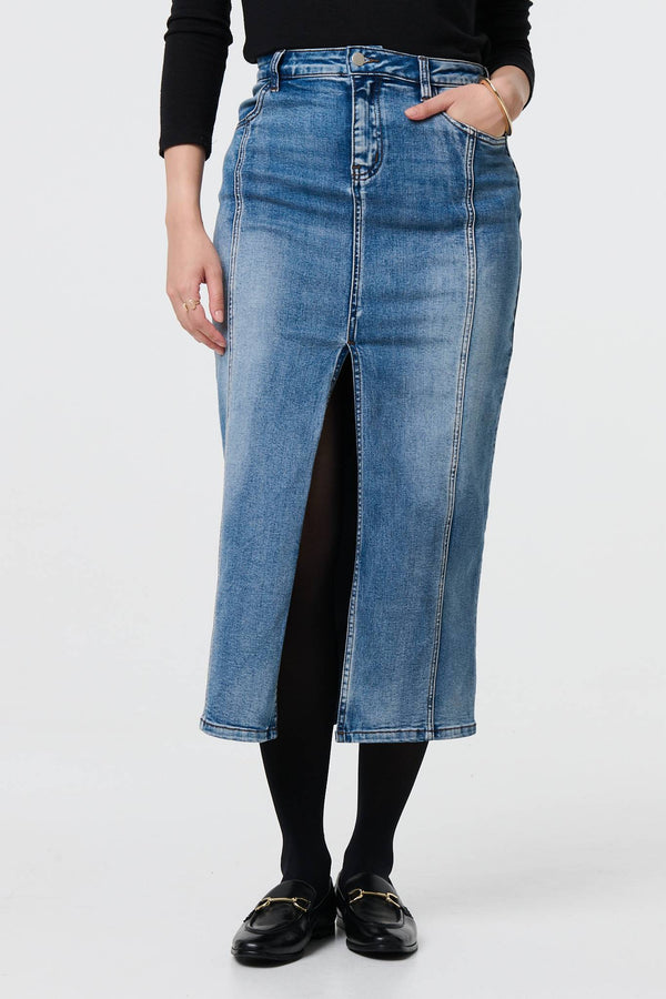 Blue | Washed Denim Split Hem Knee Length Skirt
