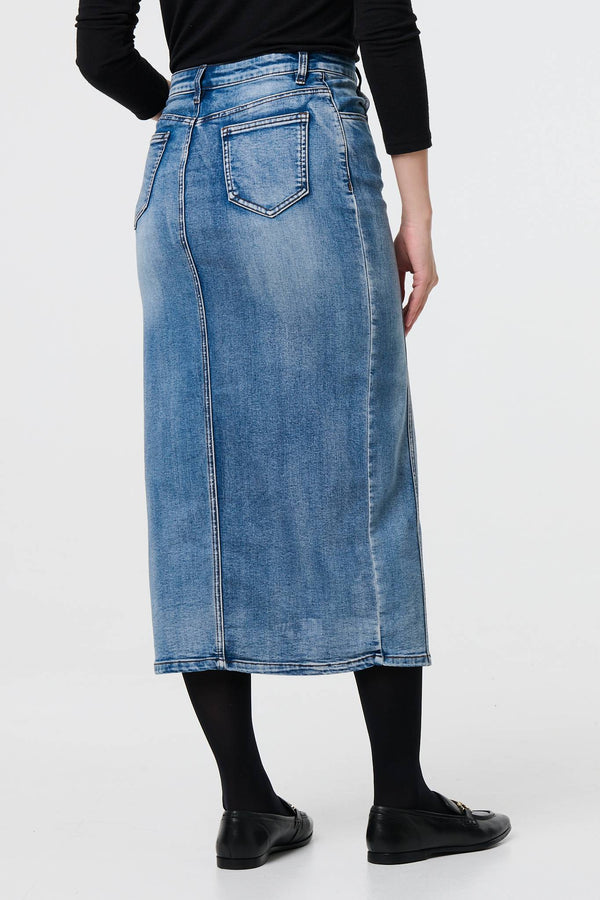 Blue | Washed Denim Split Hem Knee Length Skirt