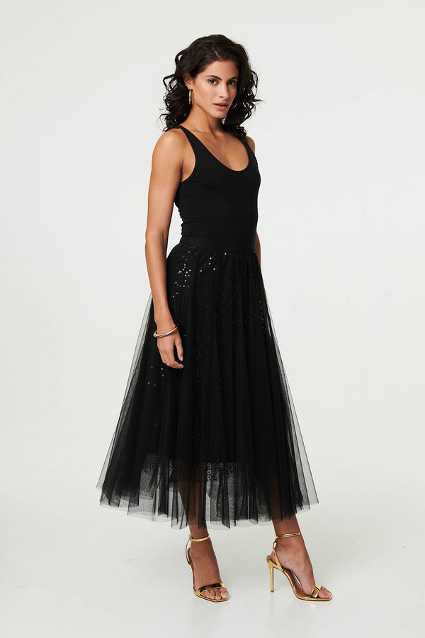 Black | Embellished Mesh Layer Midi Skirt