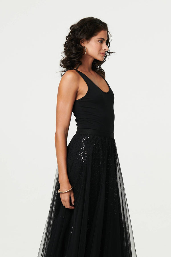 Black | Embellished Mesh Layer Midi Skirt