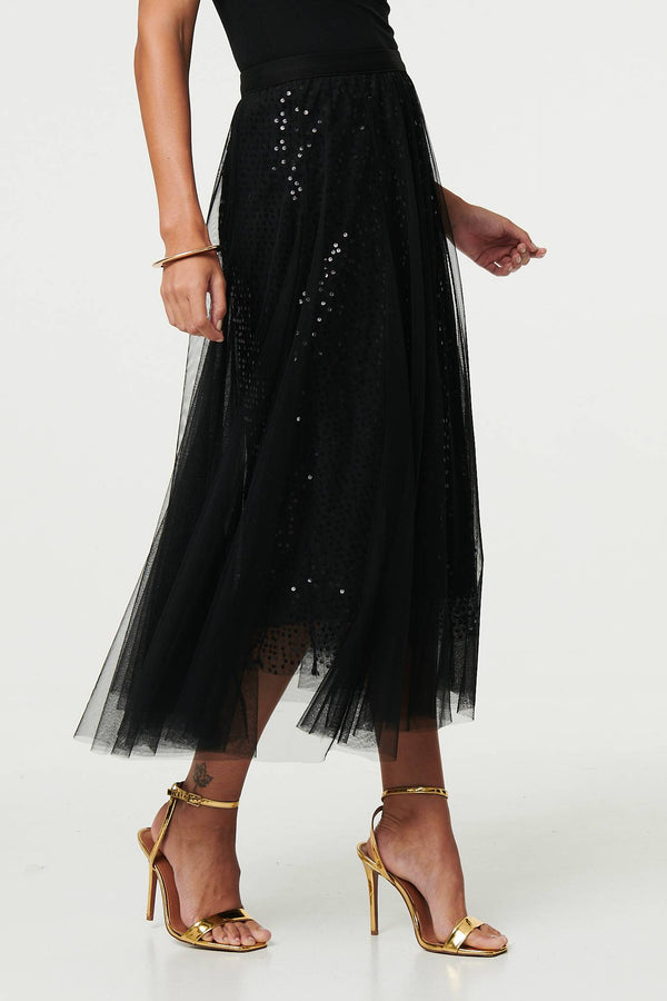 Black | Embellished Mesh Layer Midi Skirt