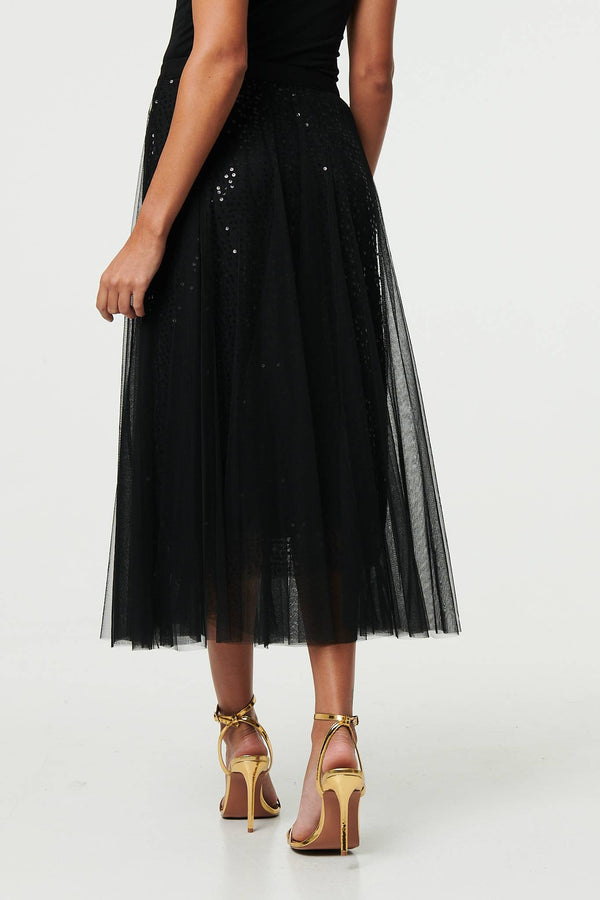 Black | Embellished Mesh Layer Midi Skirt