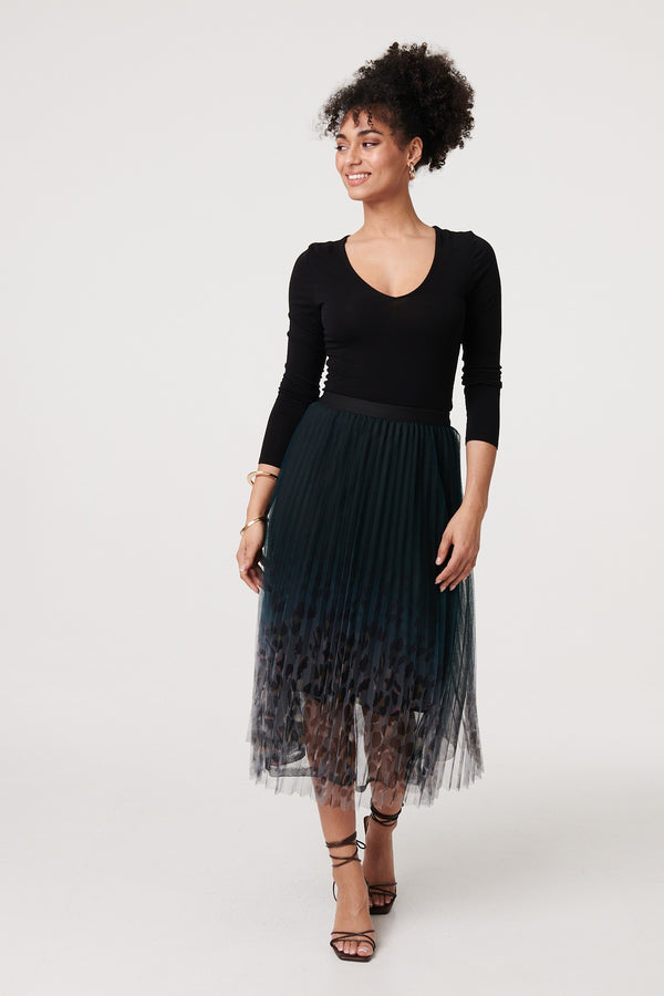 Black | Printed High Waist Mesh Midi Skirt