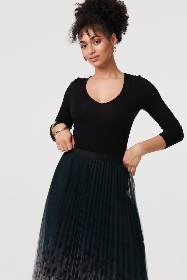 Black | Printed High Waist Mesh Midi Skirt