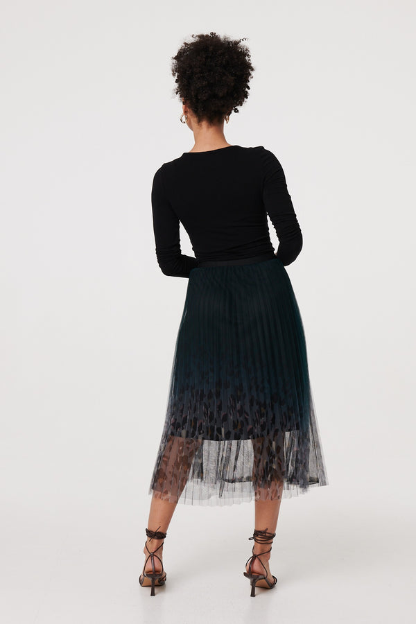Black | Printed High Waist Mesh Midi Skirt