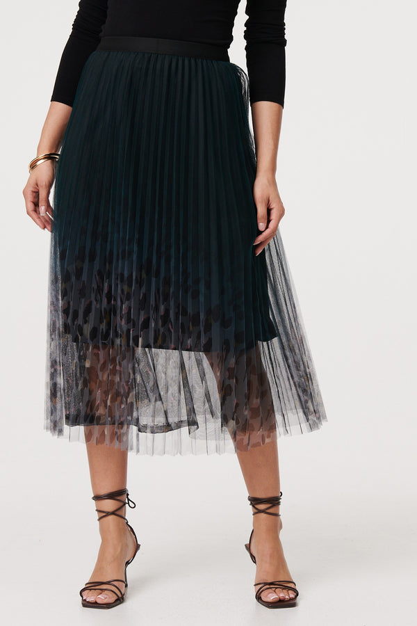 Black | Printed High Waist Mesh Midi Skirt