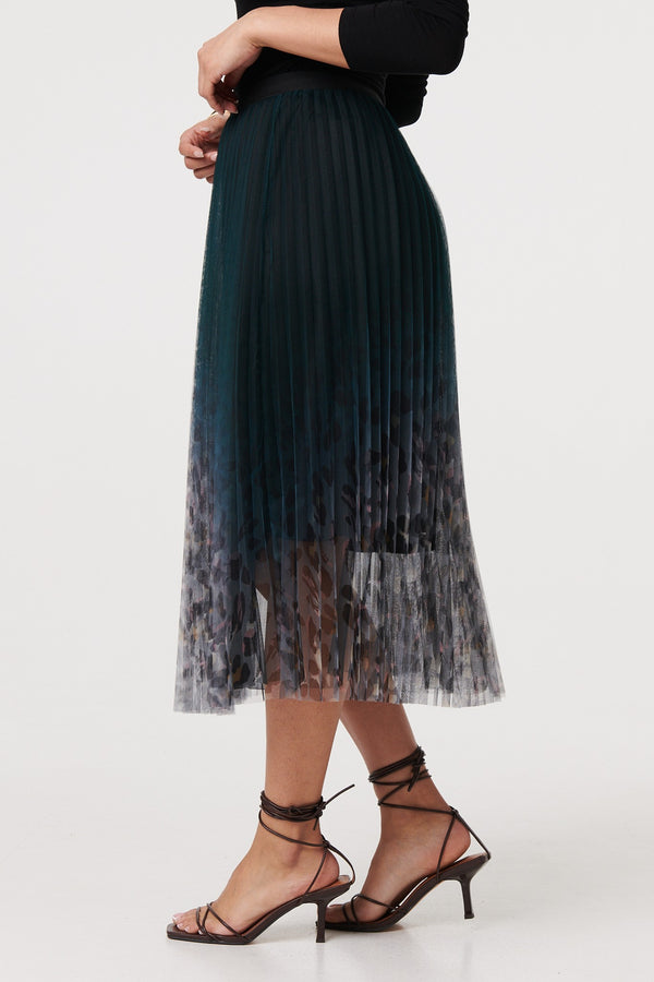 Black | Printed High Waist Mesh Midi Skirt