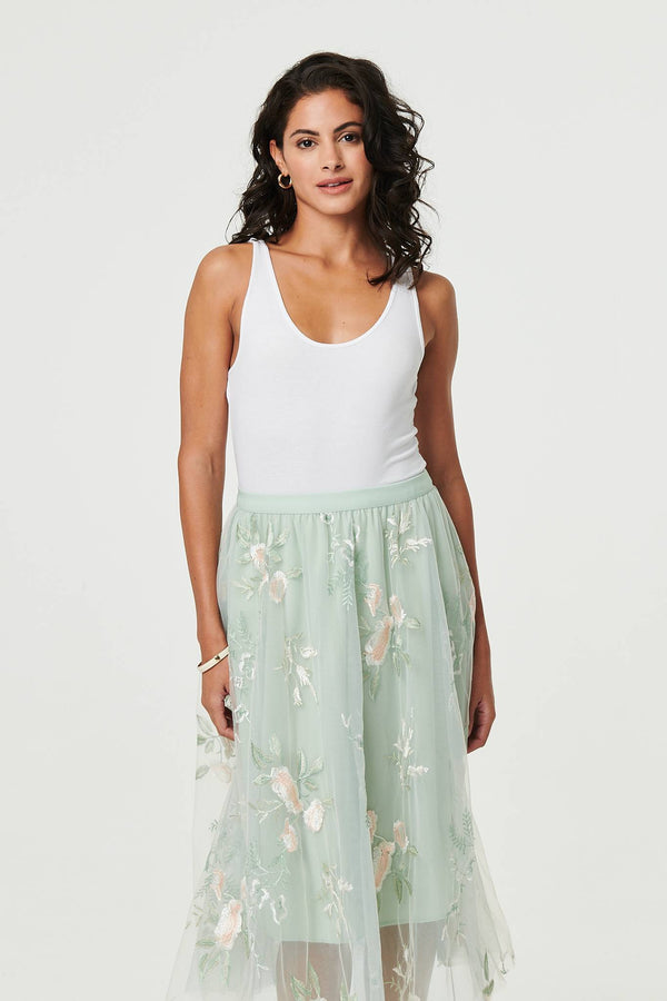 Sage | Floral Texture Semi Sheer Midi Skirt