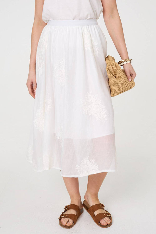 White | Lace Embellished A-Line Midi Skirt