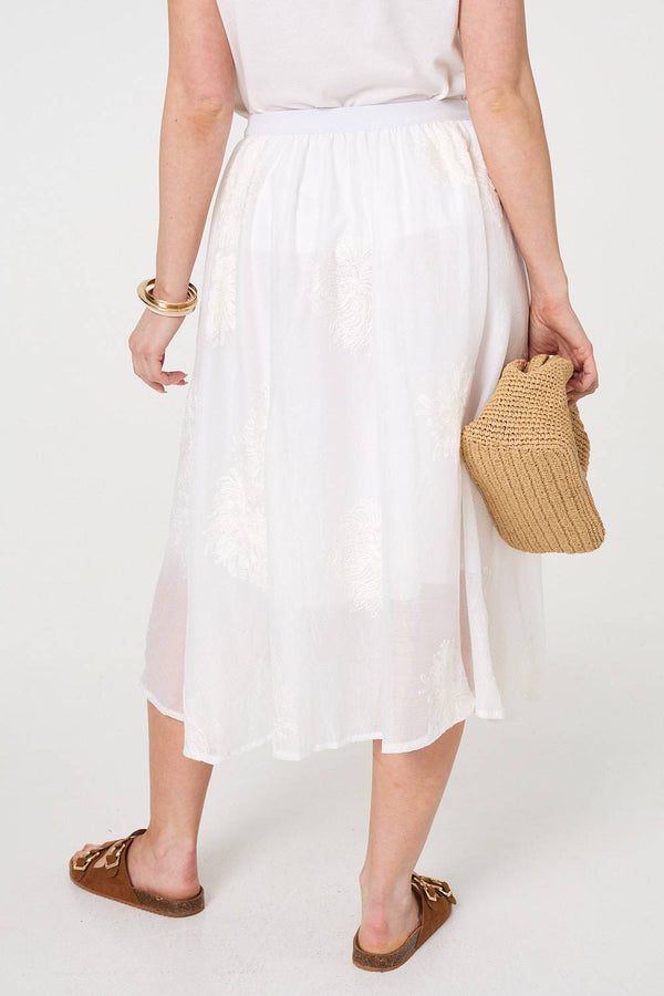 White | Lace Embellished A-Line Midi Skirt