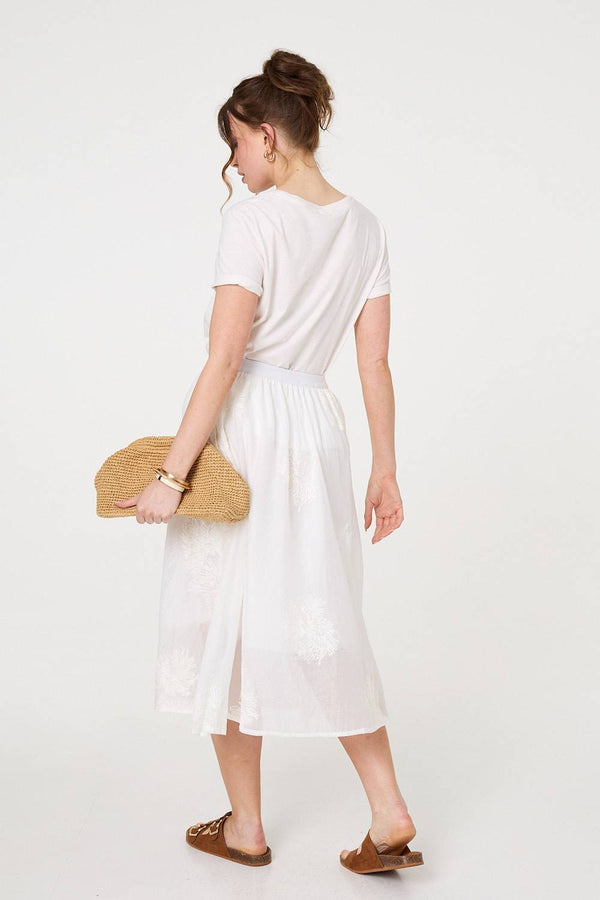 White | Lace Embellished A-Line Midi Skirt