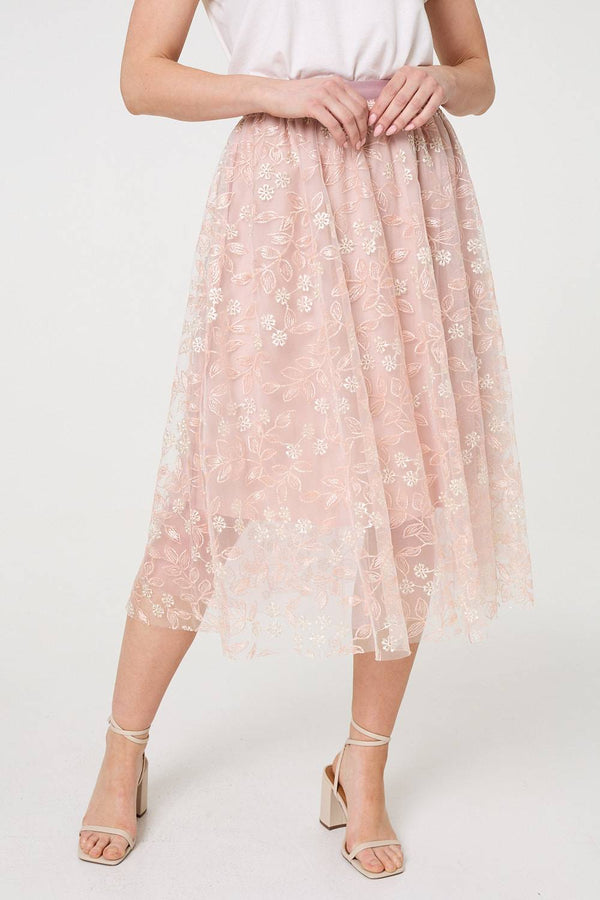 Pink | Floral Mesh Layered Midi Skirt