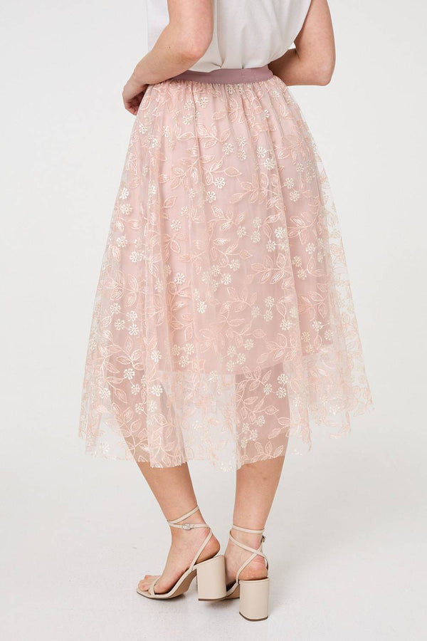 Pink | Floral Mesh Layered Midi Skirt