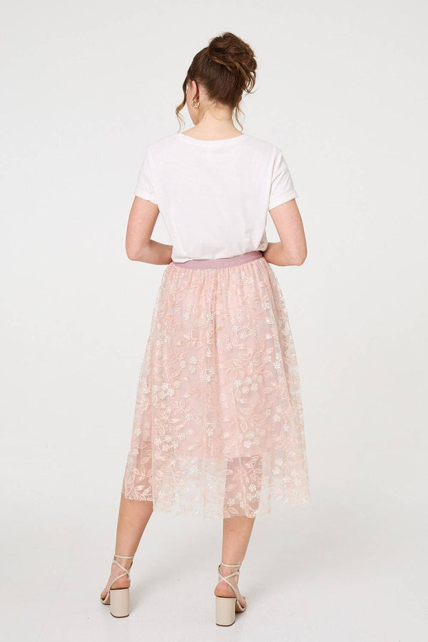 Pink | Floral Mesh Layered Midi Skirt