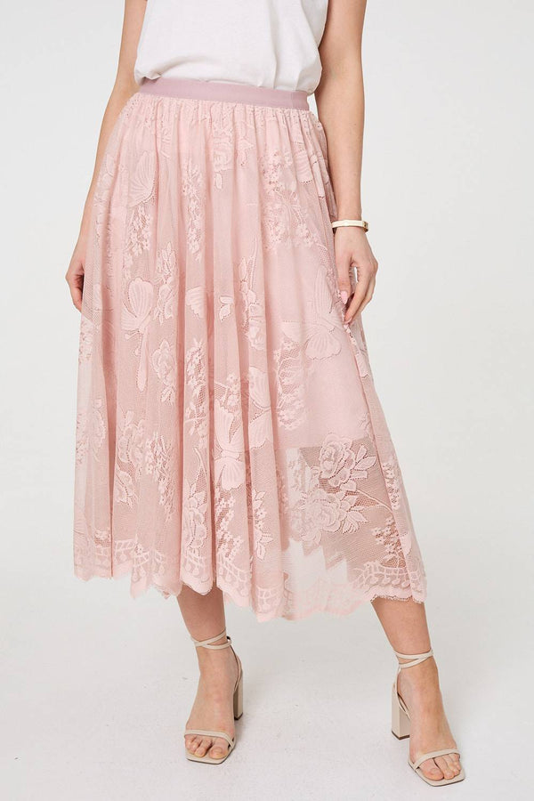 Pink | Floral Semi Sheer Mesh Layer Midi Skirt