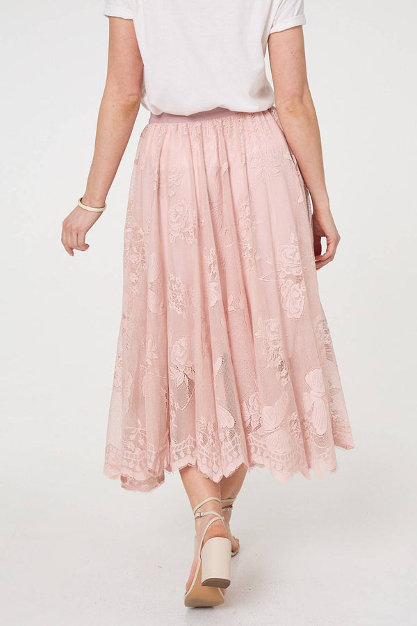 Pink | Floral Semi Sheer Mesh Layer Midi Skirt