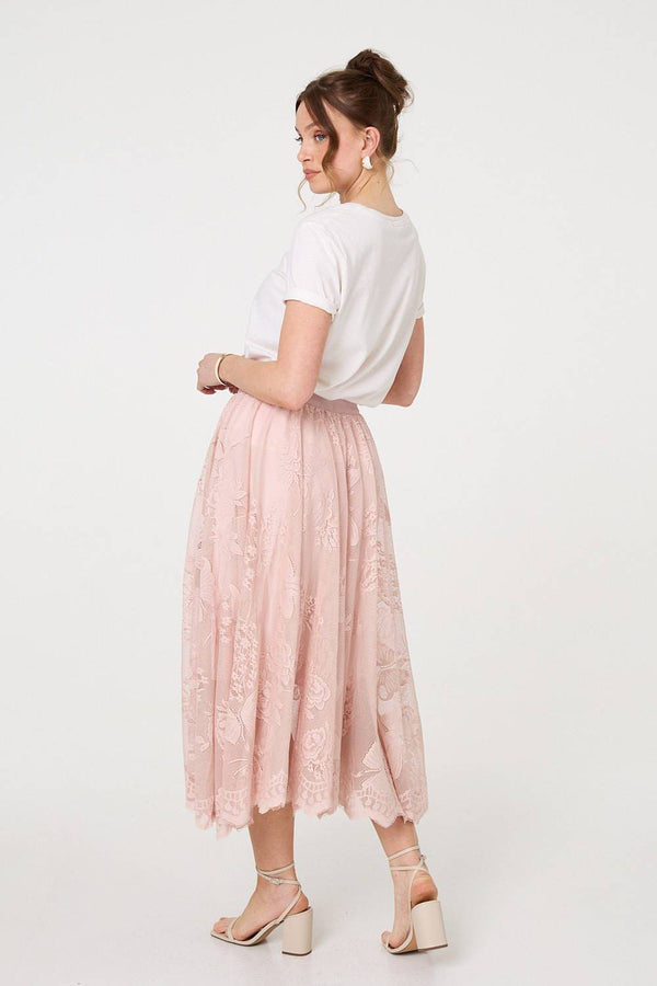 Pink | Floral Semi Sheer Mesh Layer Midi Skirt
