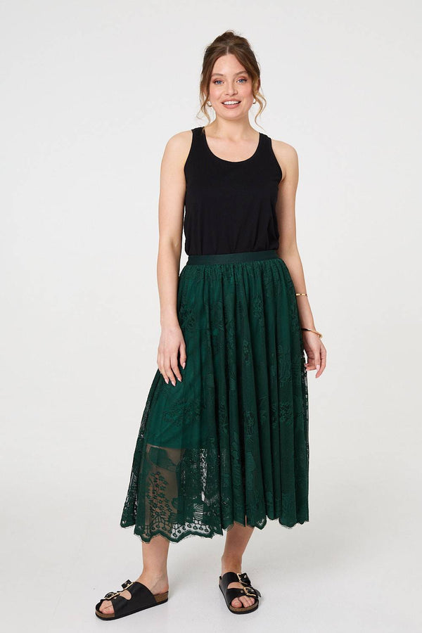 Sage | Floral Semi Sheer Mesh Layer Midi Skirt