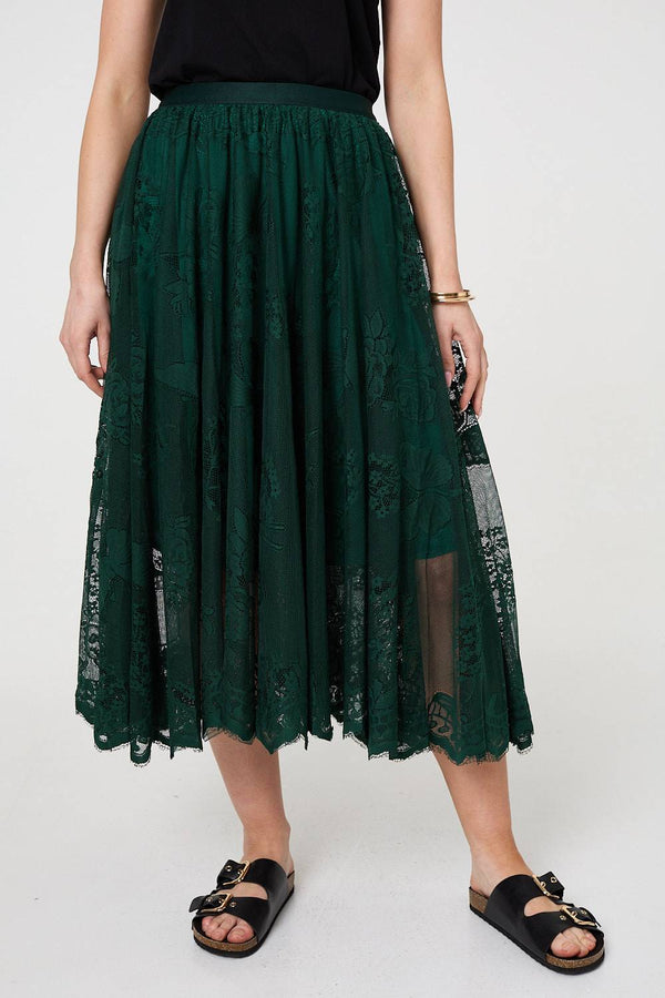 Sage | Floral Semi Sheer Mesh Layer Midi Skirt
