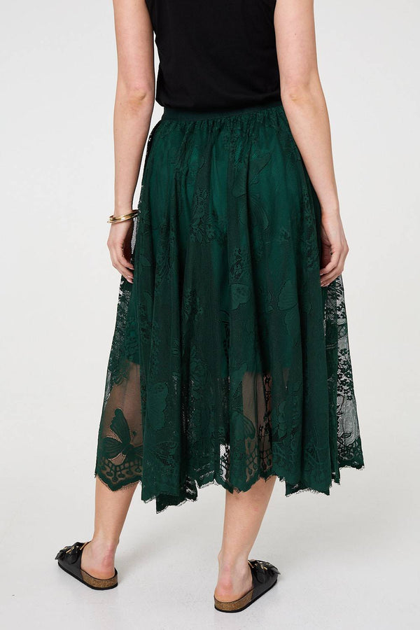Sage | Floral Semi Sheer Mesh Layer Midi Skirt