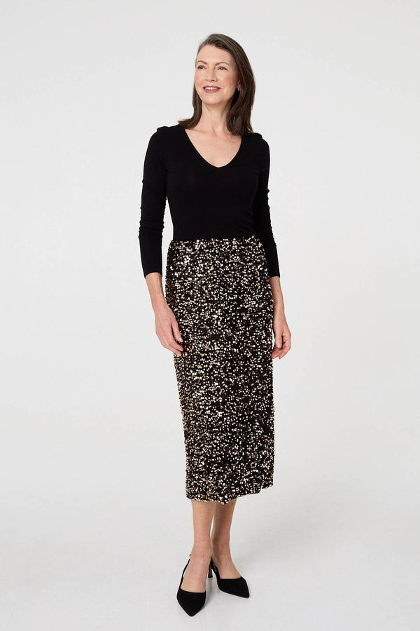 Black | Sequin Embellished High Waist Midi Skirt