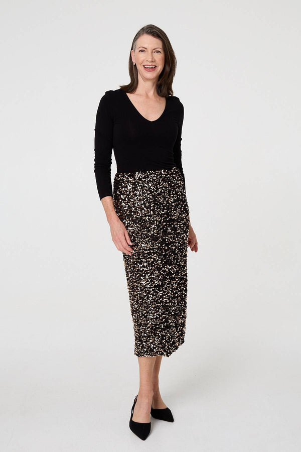 Black | Sequin Embellished High Waist Midi Skirt