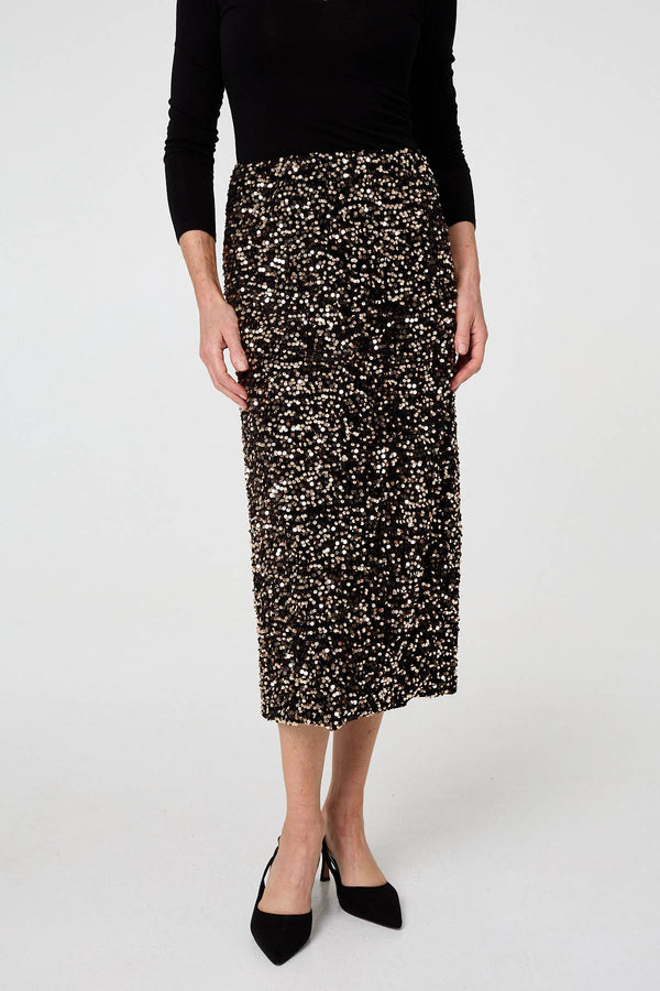 Black | Sequin Embellished High Waist Midi Skirt