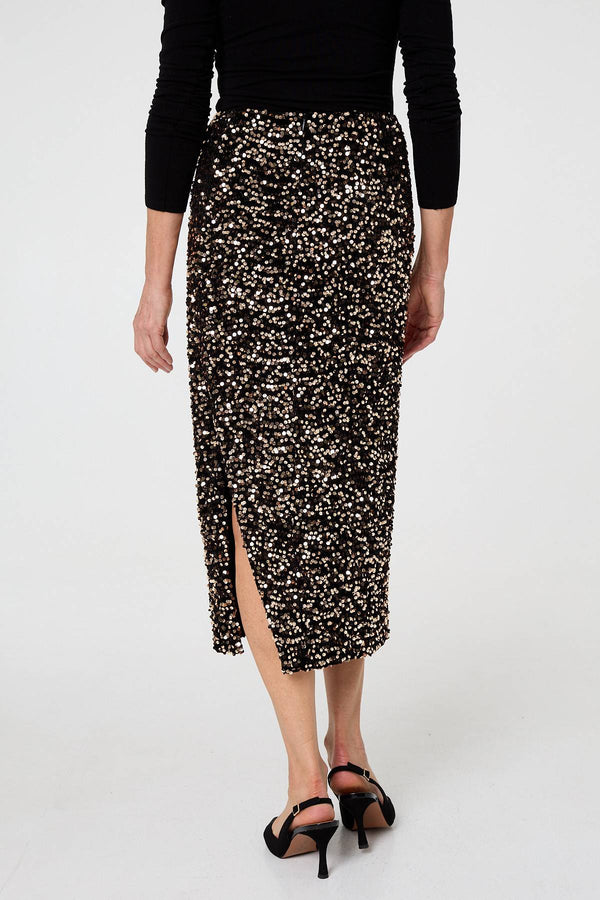 Black | Sequin Embellished High Waist Midi Skirt