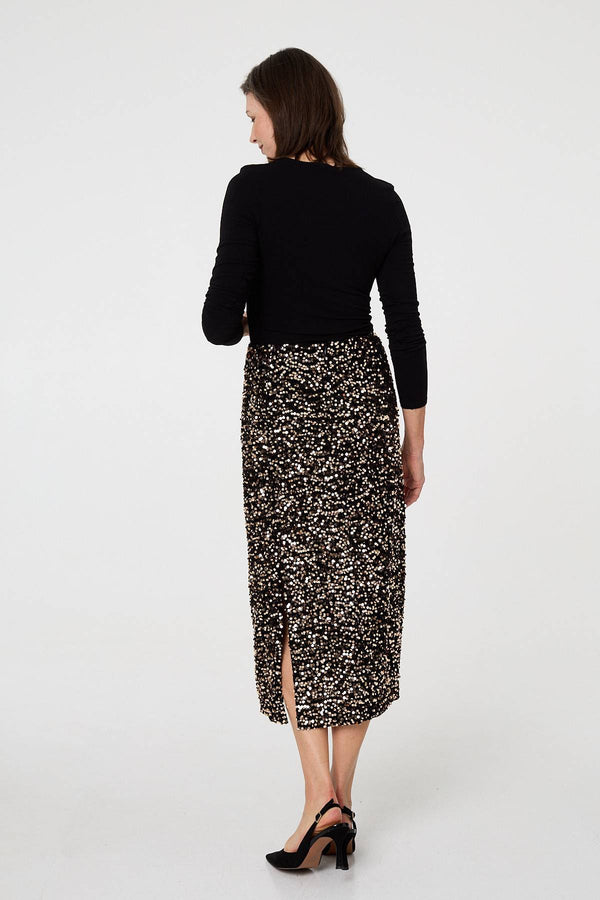 Black | Sequin Embellished High Waist Midi Skirt