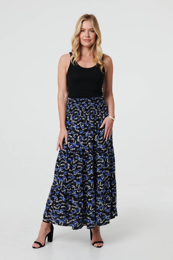 Blue | Floral High Waist Shirred Maxi Skirt