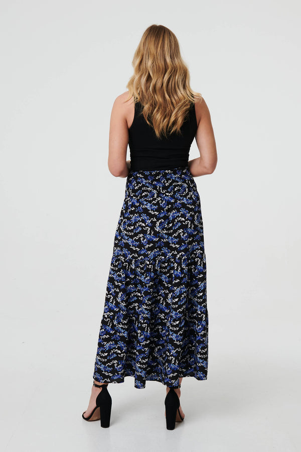 Blue | Floral High Waist Shirred Maxi Skirt