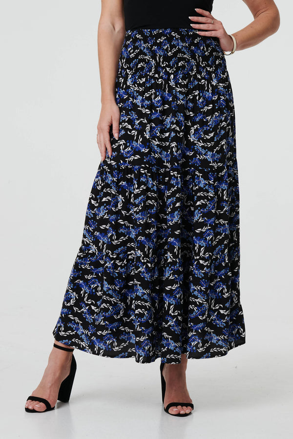 Blue | Floral High Waist Shirred Maxi Skirt