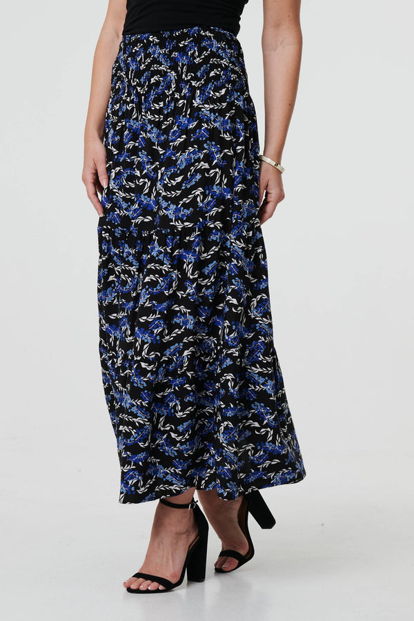 Blue | Floral High Waist Shirred Maxi Skirt