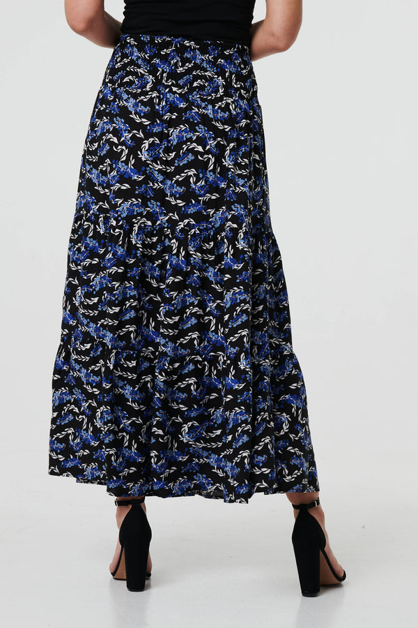 Blue | Floral High Waist Shirred Maxi Skirt