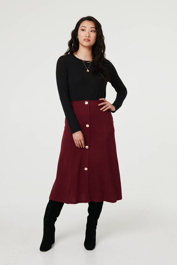 Red | Buttoned High Waist A-Line Midi Skirt