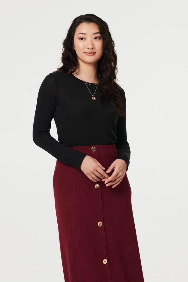 Red | Buttoned High Waist A-Line Midi Skirt