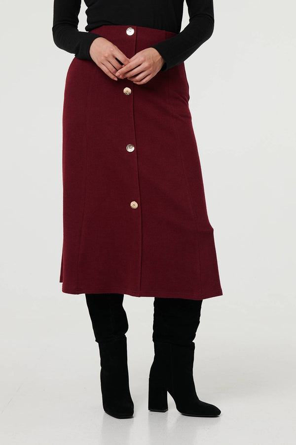 Red | Buttoned High Waist A-Line Midi Skirt