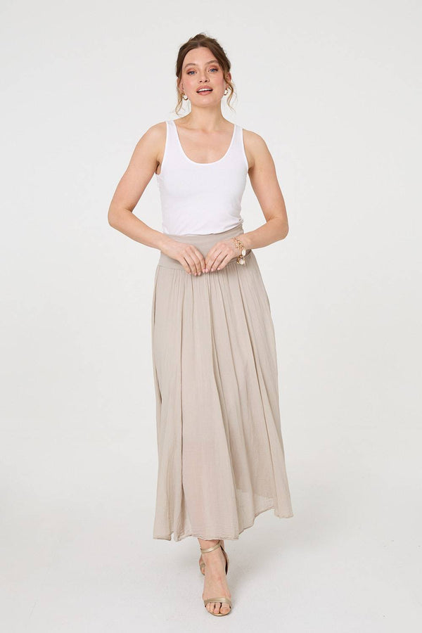 Beige | Stretchy High Waist A-Line Maxi Skirt