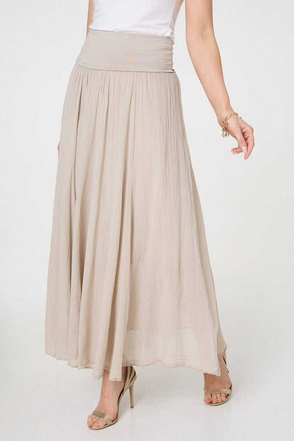Beige | Stretchy High Waist A-Line Maxi Skirt