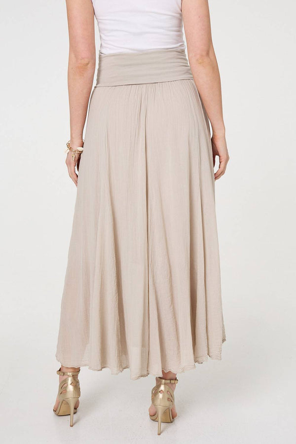 Beige | Stretchy High Waist A-Line Maxi Skirt