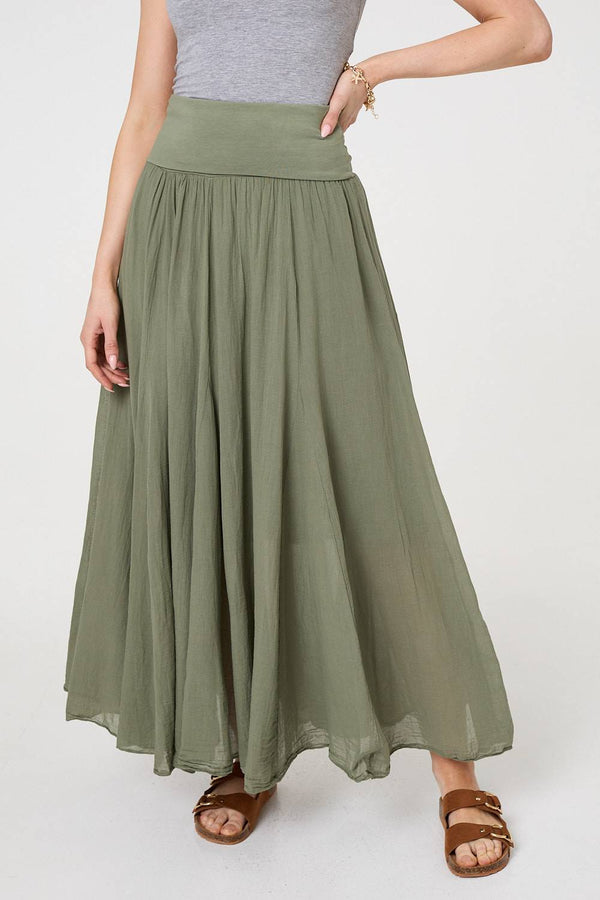 Khaki | Stretchy High Waist A-Line Maxi Skirt